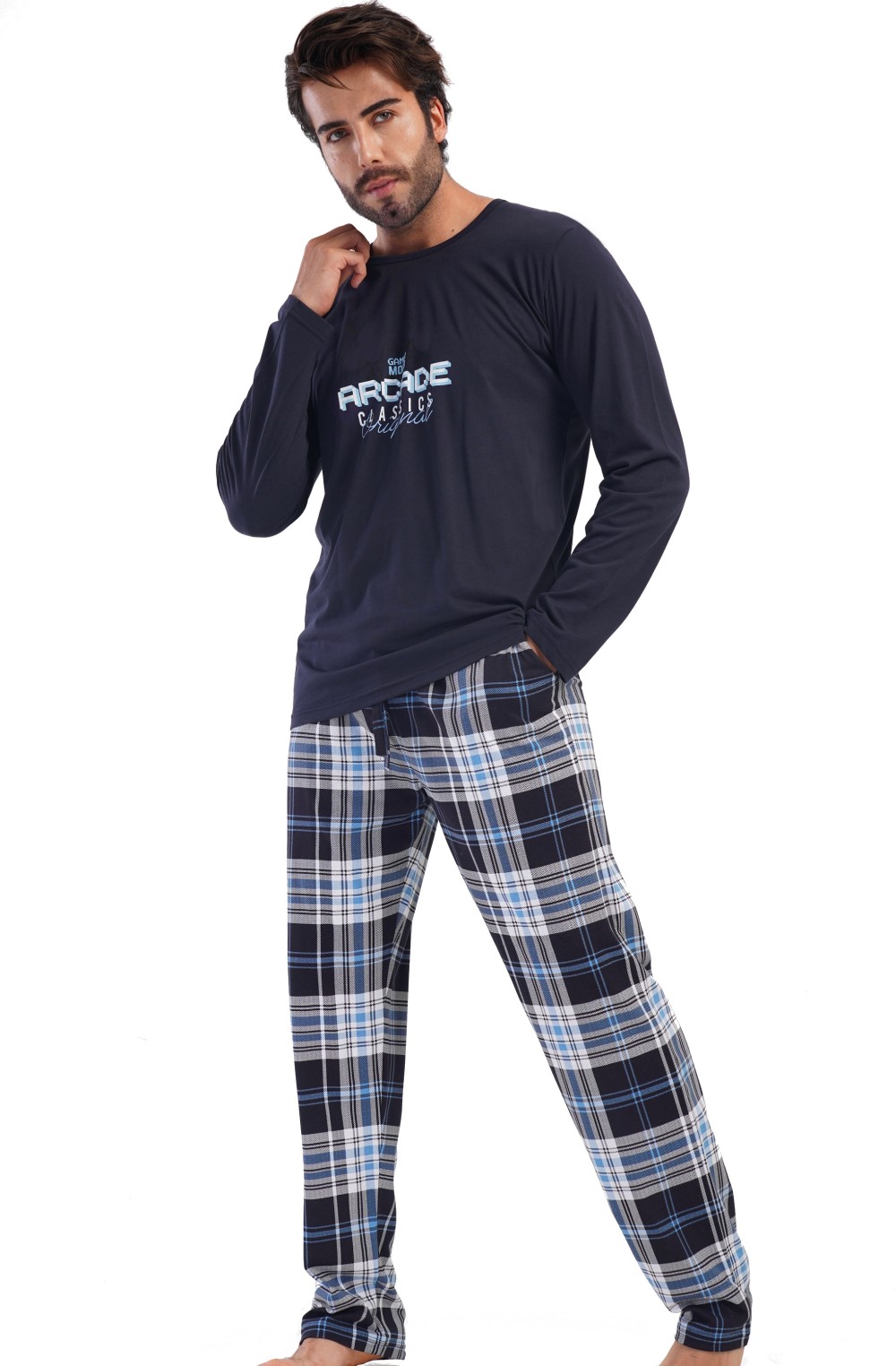 Tmavě modré kárované pyžamo pro muže gamer mood ARCADE CLASSICS originál