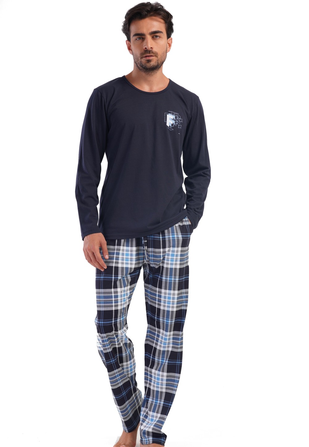 Tmavě modré kárované pyžamo pro muže eF 1XL-4XL