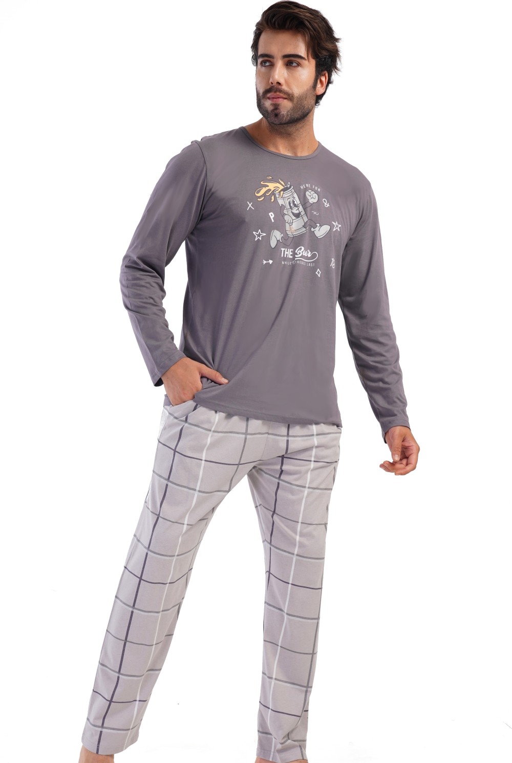 Šedohnědé kárované pyžamo pro muže - zaběhni si na pivko :) běžící pivo v plechu 1XL-4XL