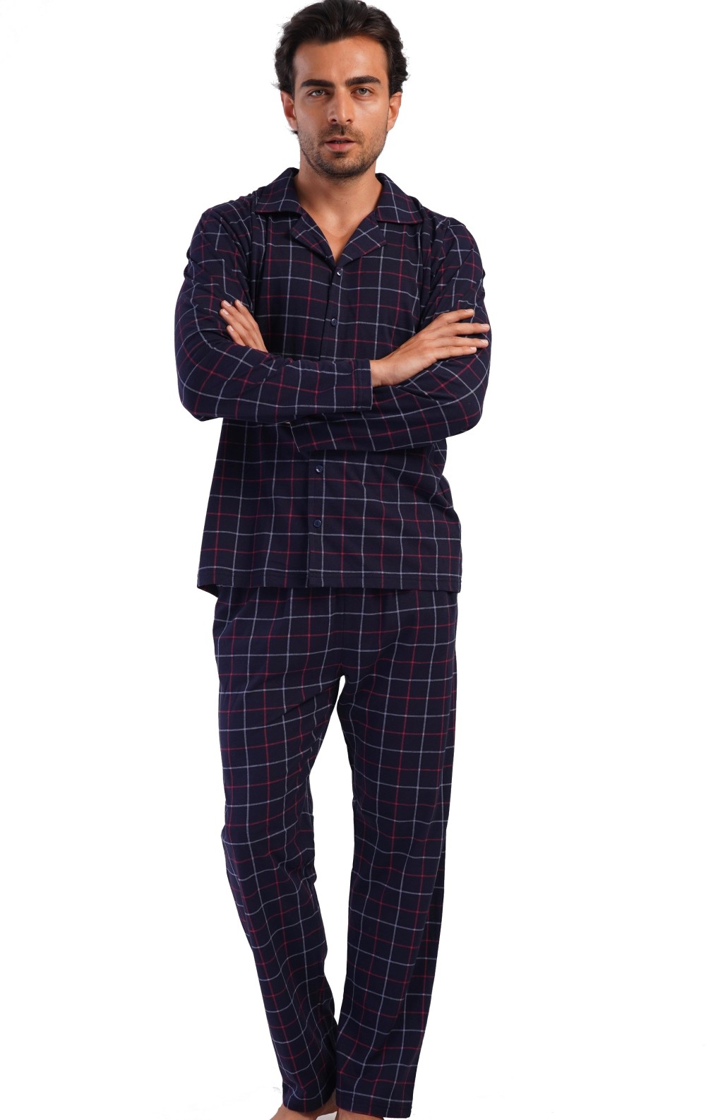 Tmavě modré červeně i šedě kárované elegantní pyžamo pro muže z pružné bavlny