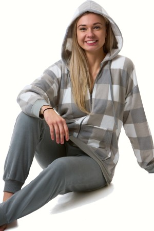 Šedé kostkované hřejivé sportovní dámské pyžamo s kapucí na zip