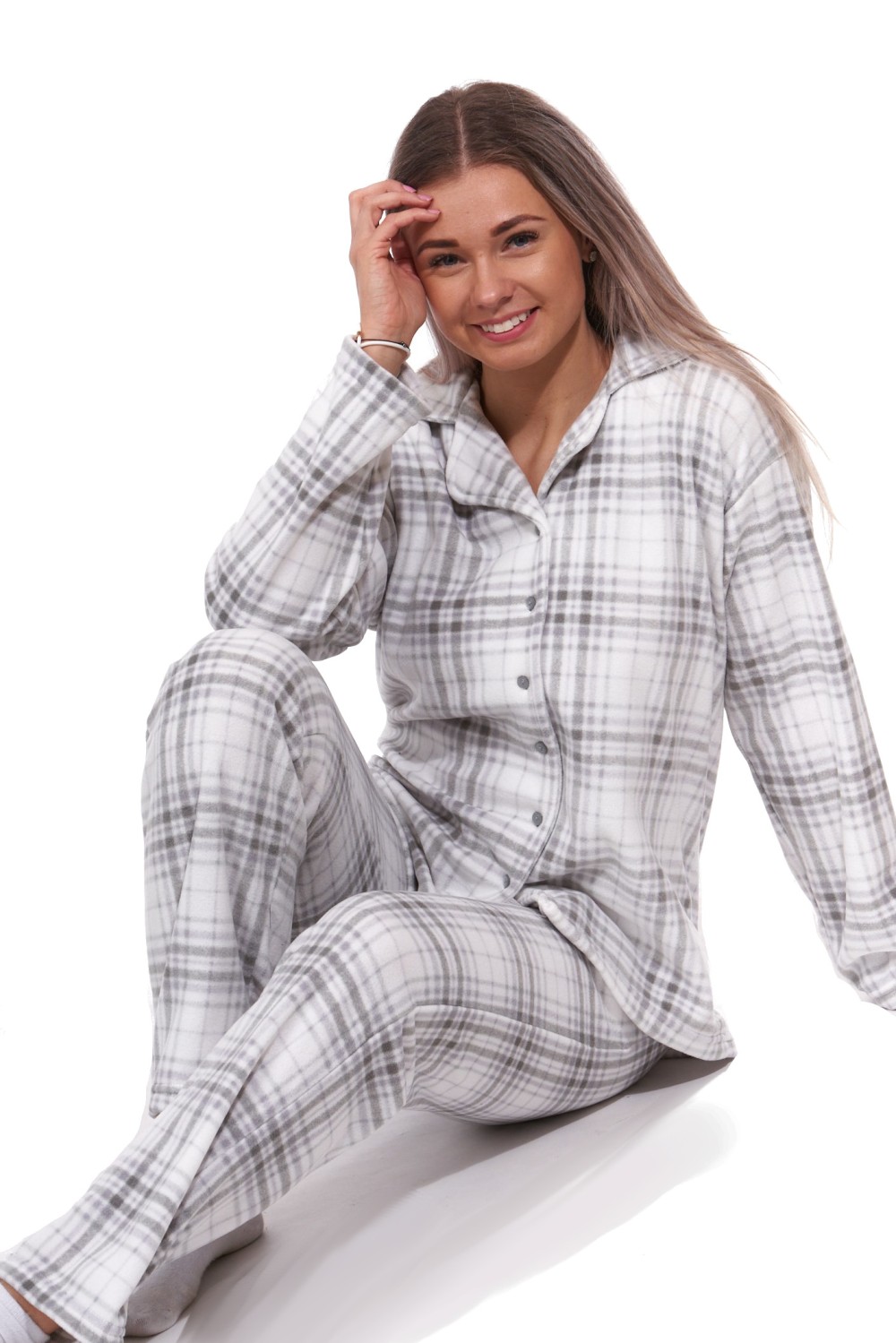 Bílé a šedě kárované elegantní pyžamo celopropínací pro ženy či dívky - hřejivé teplé