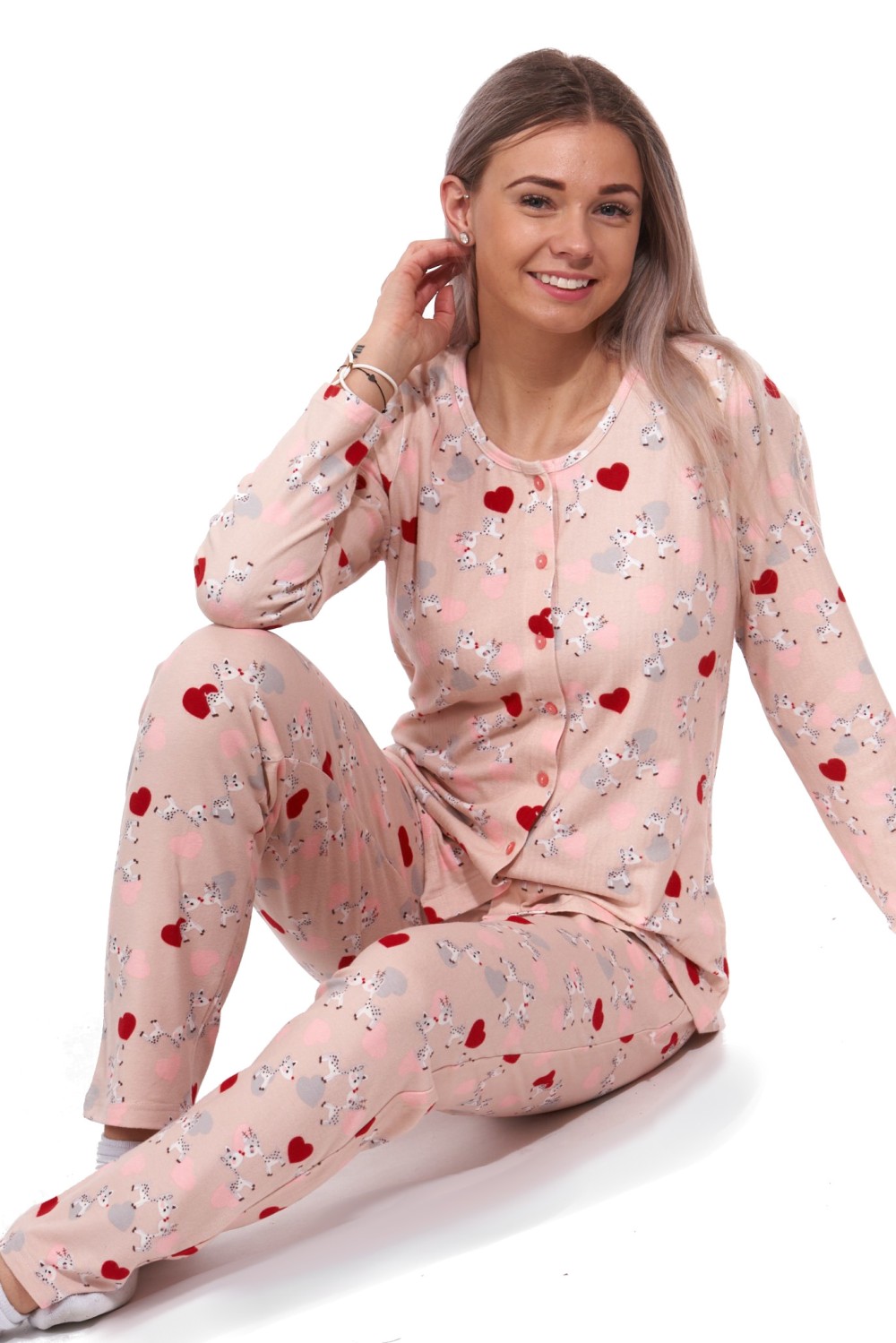 Růžové elegantní pyžamo celopropínací pro ženy či dívky - zamilovaná zvířátka - teplá pružná bavlna