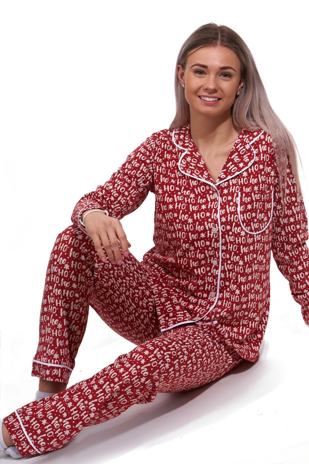 Červené i bílé elegantní pyžamo celopropínací pro ženy či dívky - Ho ho ho, Vánoční motiv