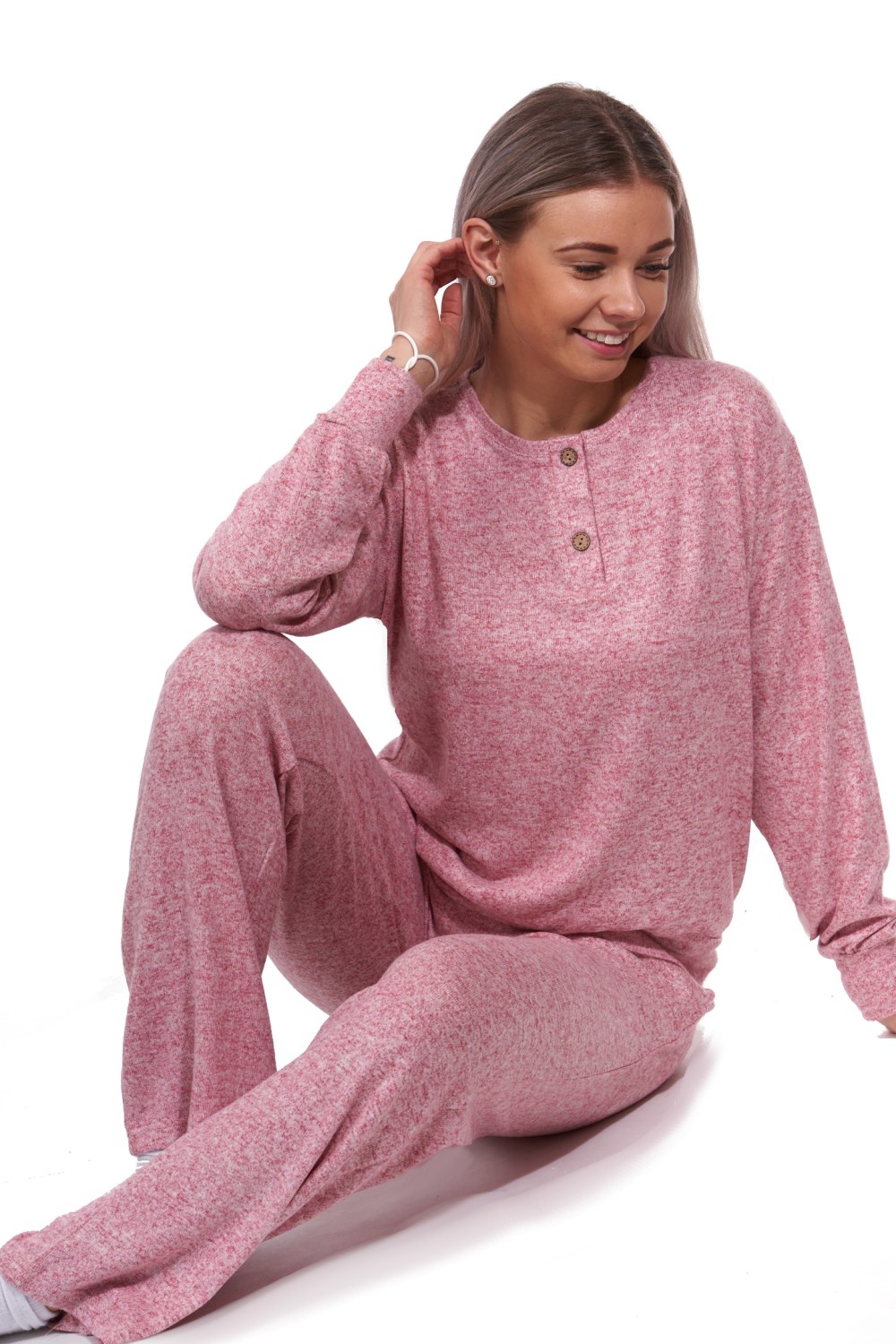 Malinové luxusní hřejivé dámské pyžamo pružné s knoflíky u krku