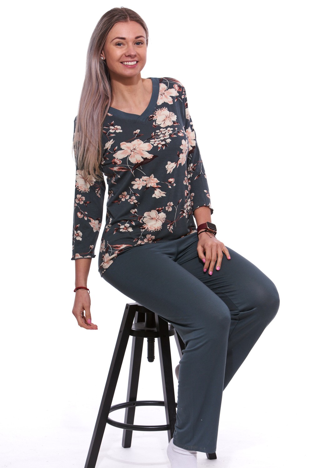 Zelené i béžové jemné luxusní pyžamo pro ženy či dívky s kytičkami 2XL-5XL