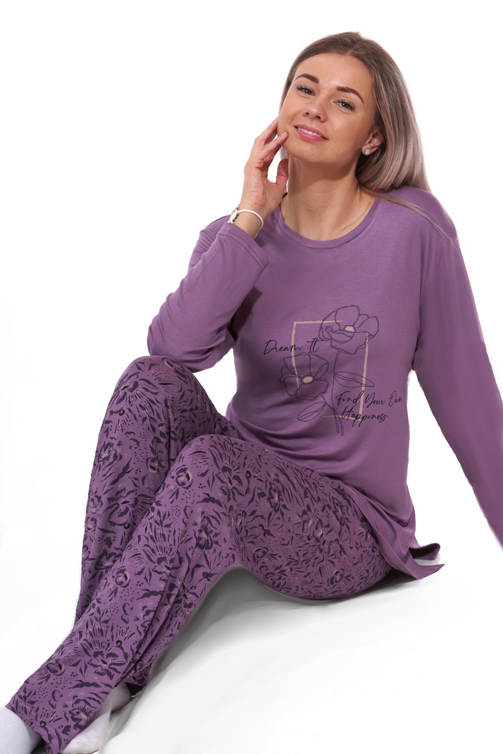 Fialové a vínově květované jemné luxusní pyžamo pro ženy či dívky 2XL-4XL