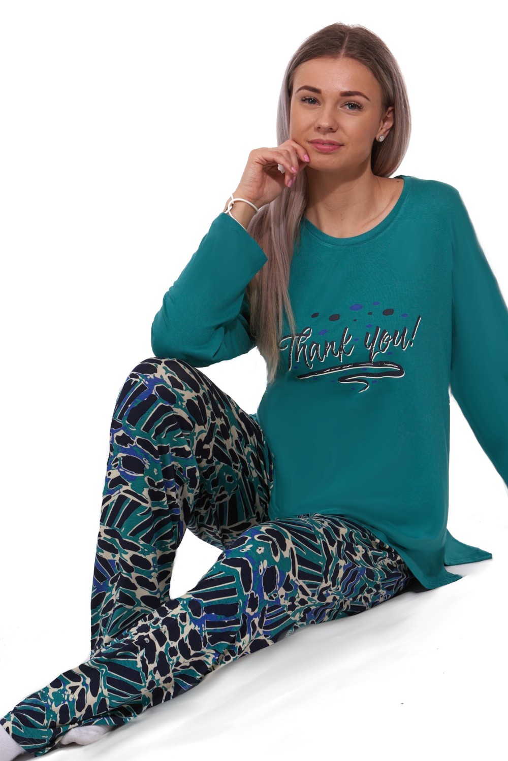 Zelené i modré moderně strakaté jemné luxusní pyžamo pro ženy či dívky Thank You 2XL-4XL