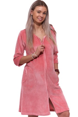 Růžový elegantní hřejivý župan na zip ze sametu na kojení do porodnice
