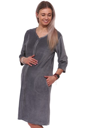 Šedý elegantní hřejivý župan na zip ze sametu na kojení do porodnice
