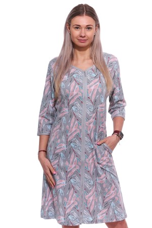 Šedý župan nebo košilka pro ženy na kojení celopropínací na zip s listím 1XL-4XL