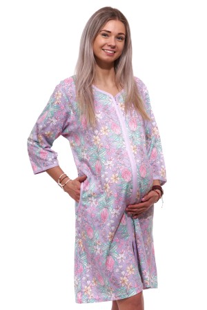Fialový župan nebo košilka pro ženy na kojení celopropínací na zip a barevné květy 1XL-4XL