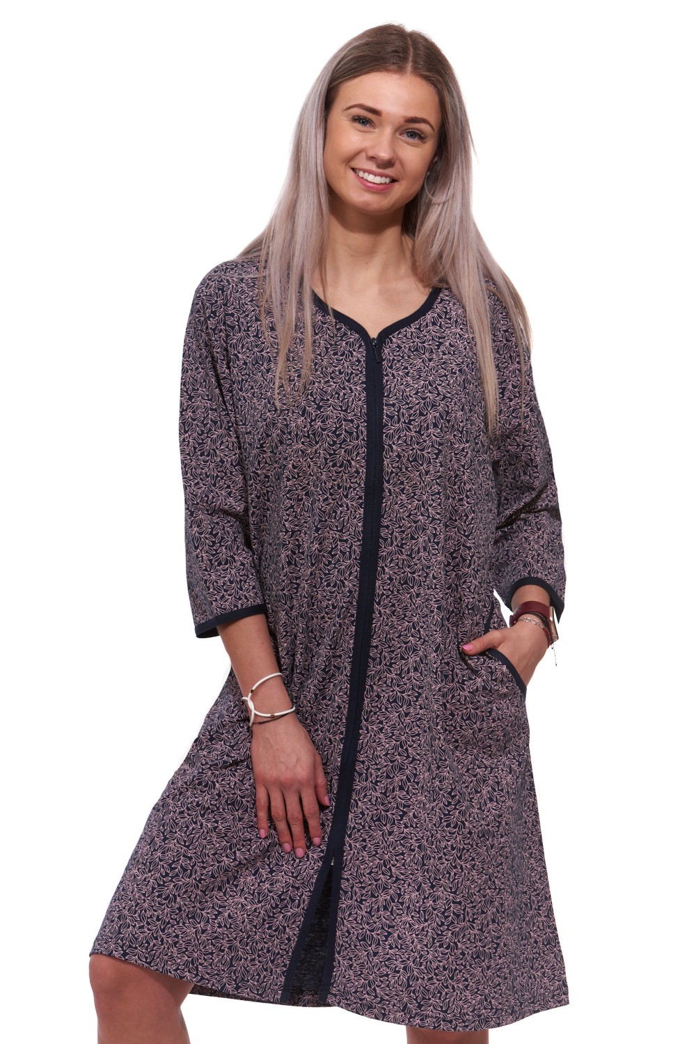 Modrý a růžově květovaný župan nebo košilka pro ženy či dívky celopropínací na zip 1XL-4XL