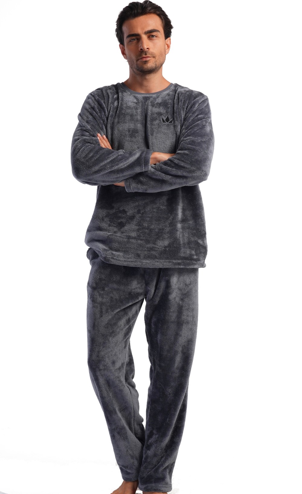 Tmavě šedé extra teplé huňaté pánské pyžamo