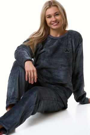 Tmavě šedé extra teplé huňaté dámské pyžamo hřejivé zimní domácí oblečení