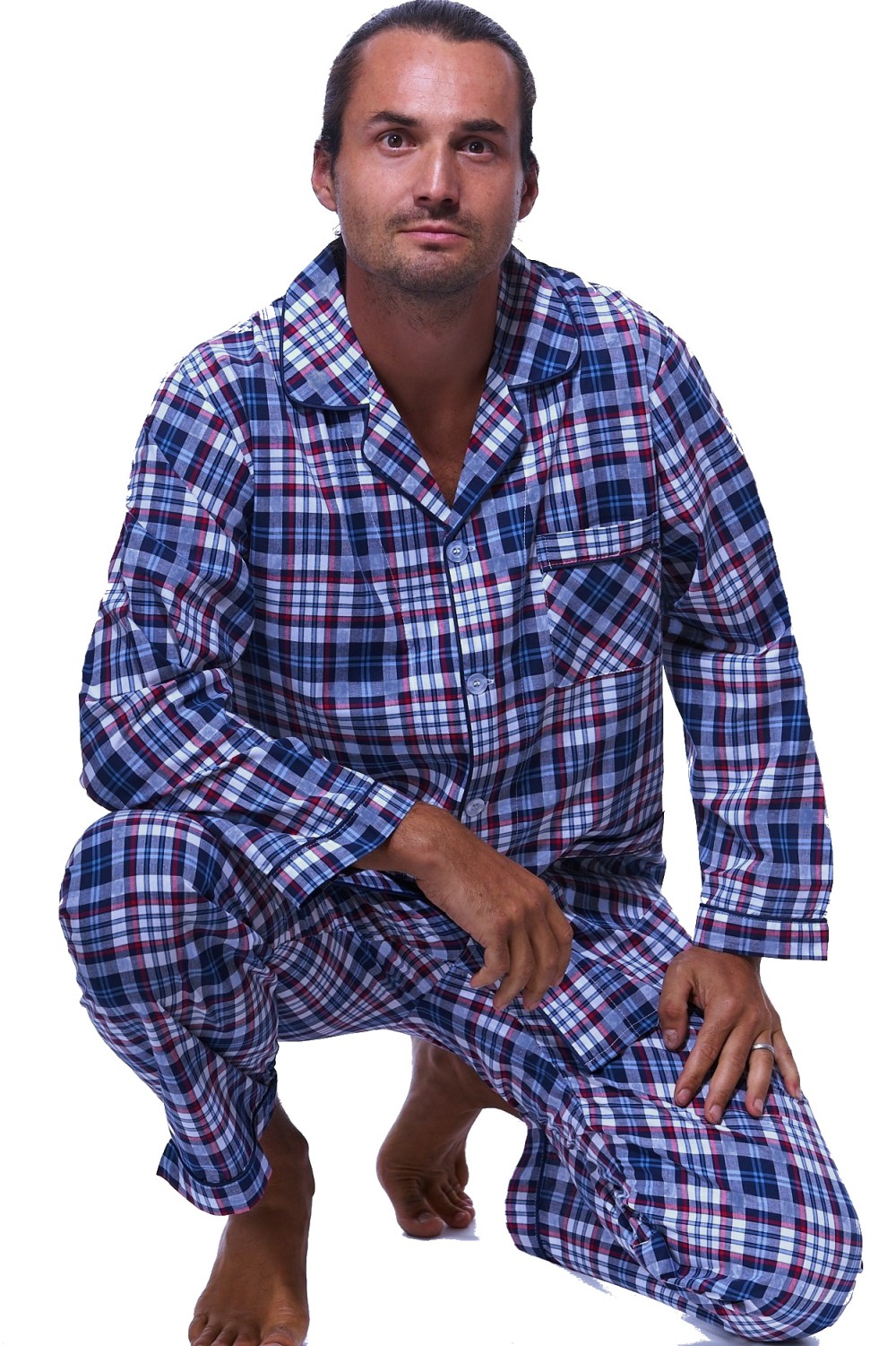 Šedé modré a malinově kárované teplé klasické pyžamo pro muže z flanelu