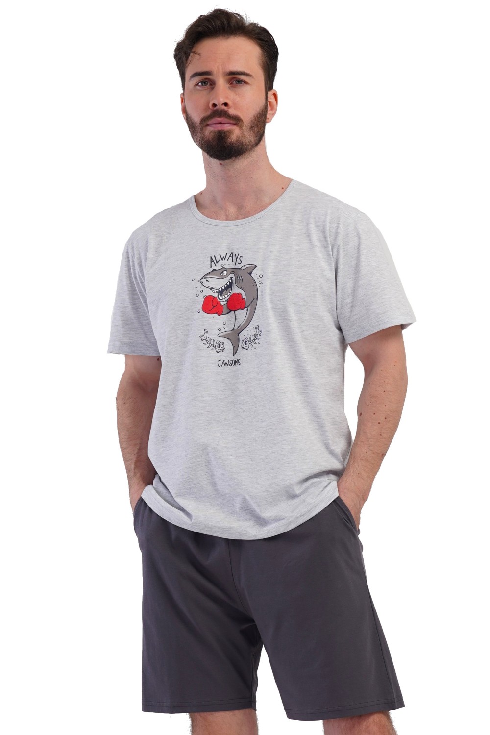 Pánské pyžamo s krátkým rukávem a kraťasy, šedé, drsný žralok ALWAYS větší 1XL-4XL