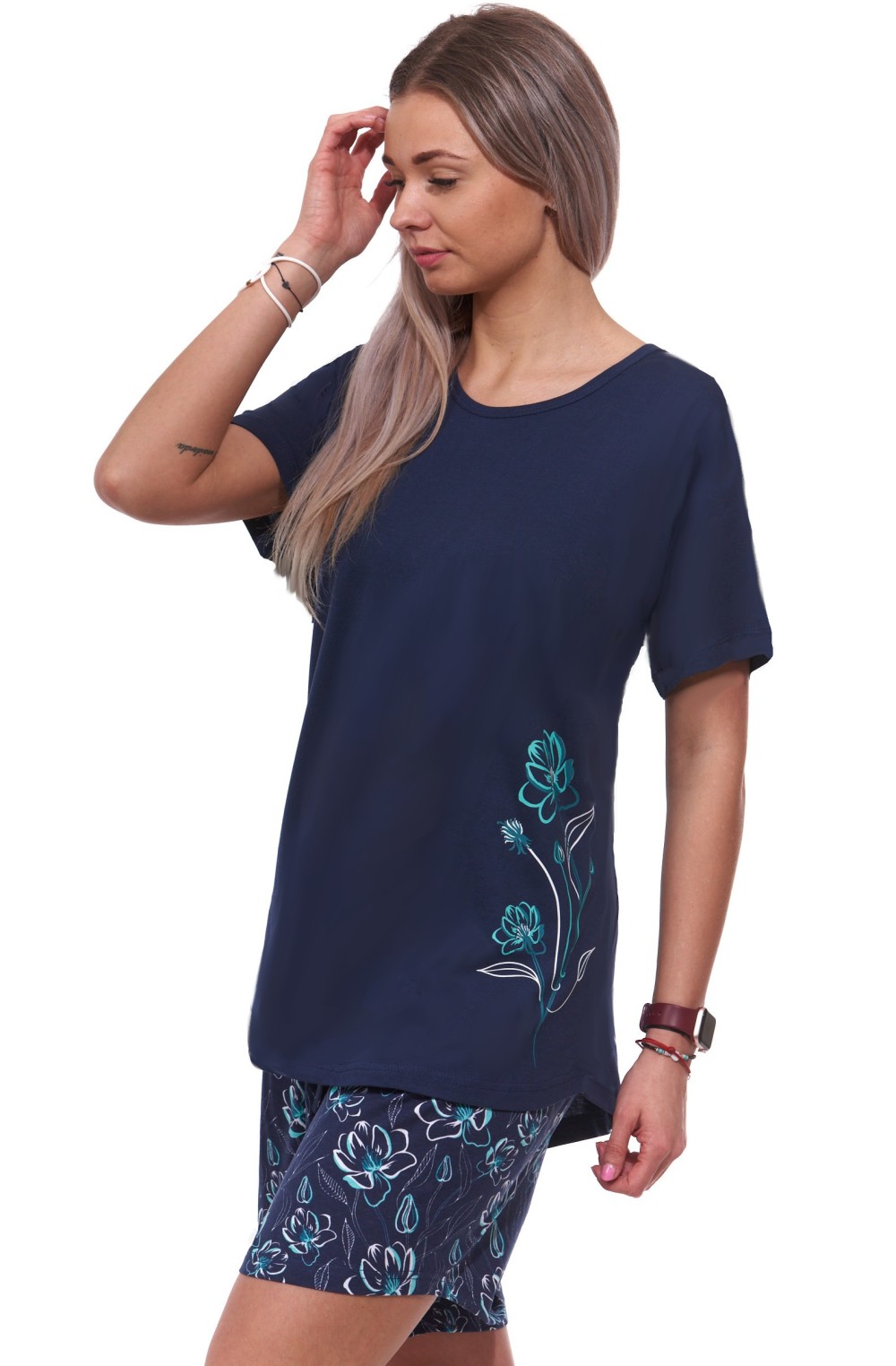 Modré květinové pyžamo pro ženy či dívky s kraťasy 1XL-4XL