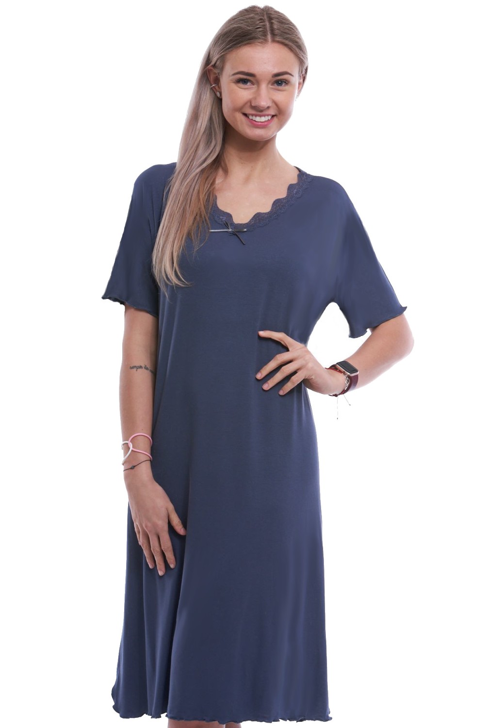 Modrá luxusní hedvábně jemná noční košilka s krajkou 2XL-5XL