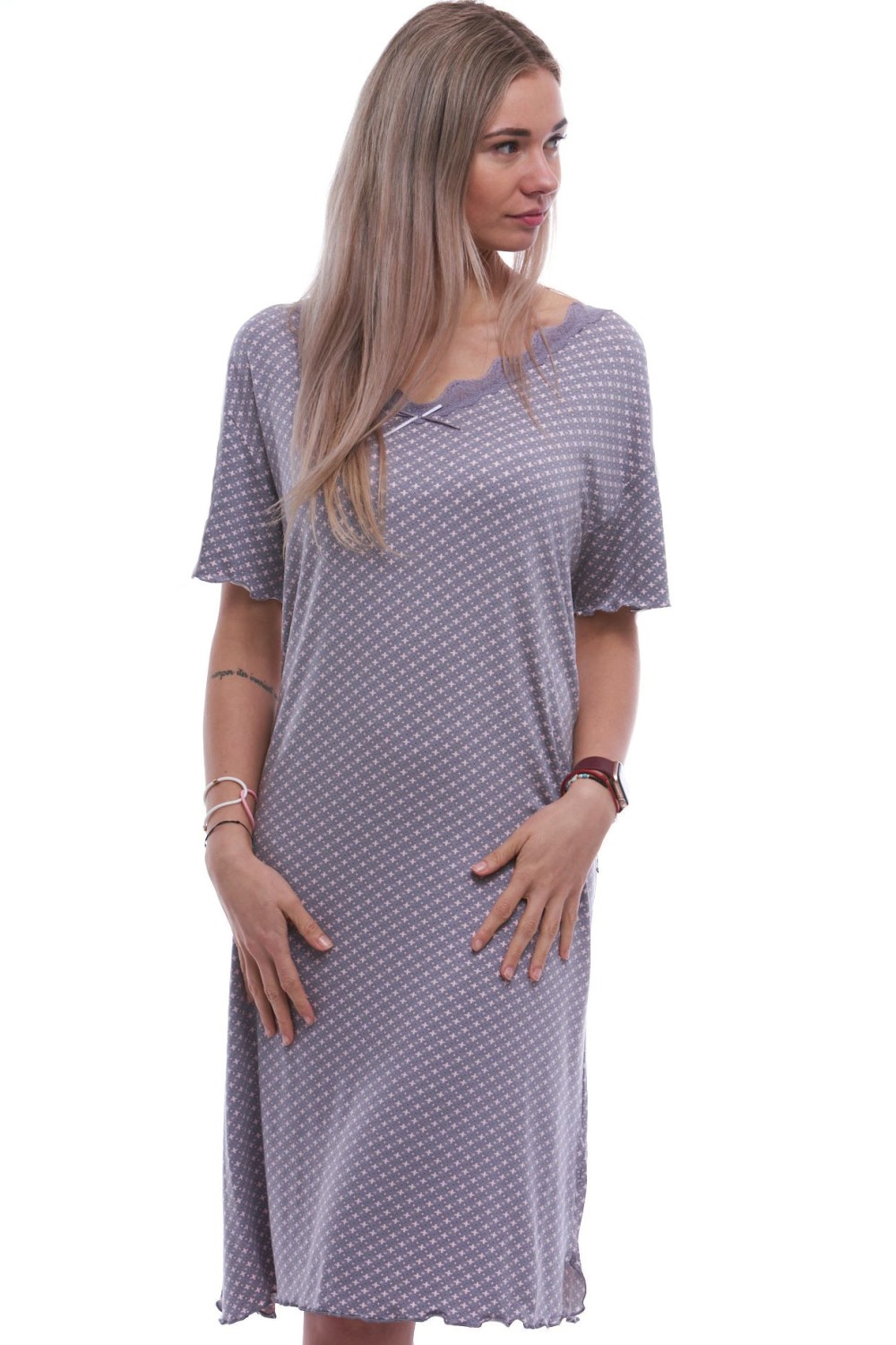 Fialovošedá luxusní hedvábně jemná noční košilka s krajkou a růžové hvězdičky 2XL-5XL
