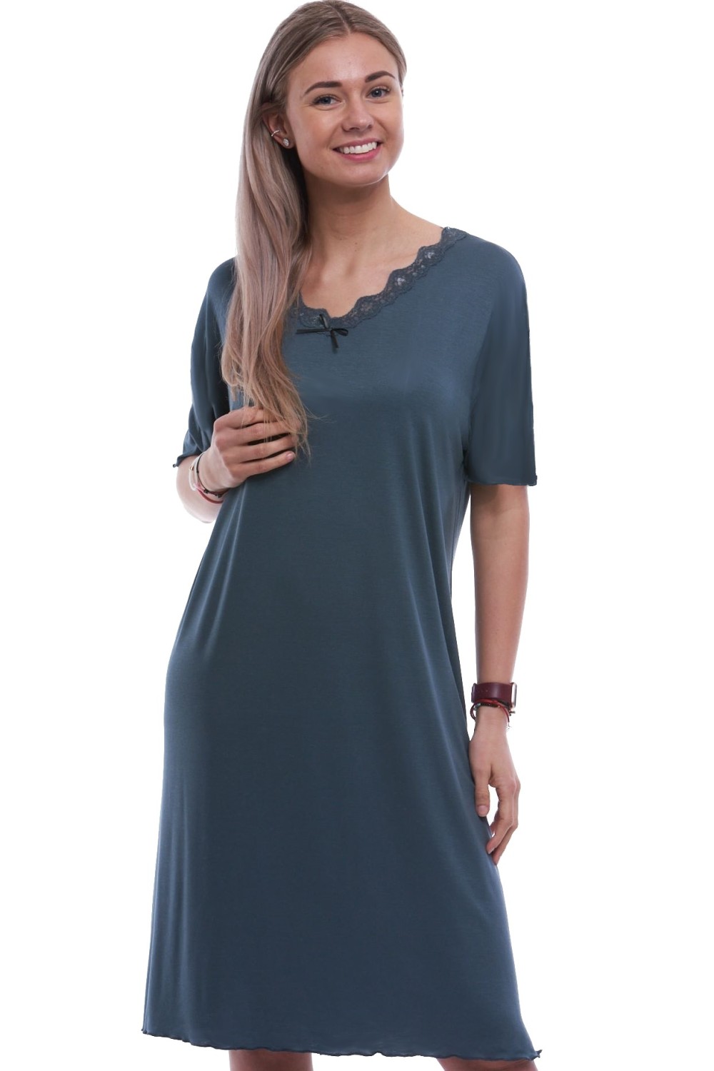 Tmavě zelená luxusní hedvábně jemná noční košilka s krátkými rukávy 2XL-5XL