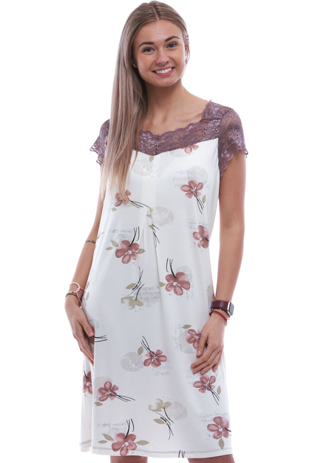Bílá i bordó luxusní hedvábně jemná noční košilka s květy - ANNA 2XL-5XL