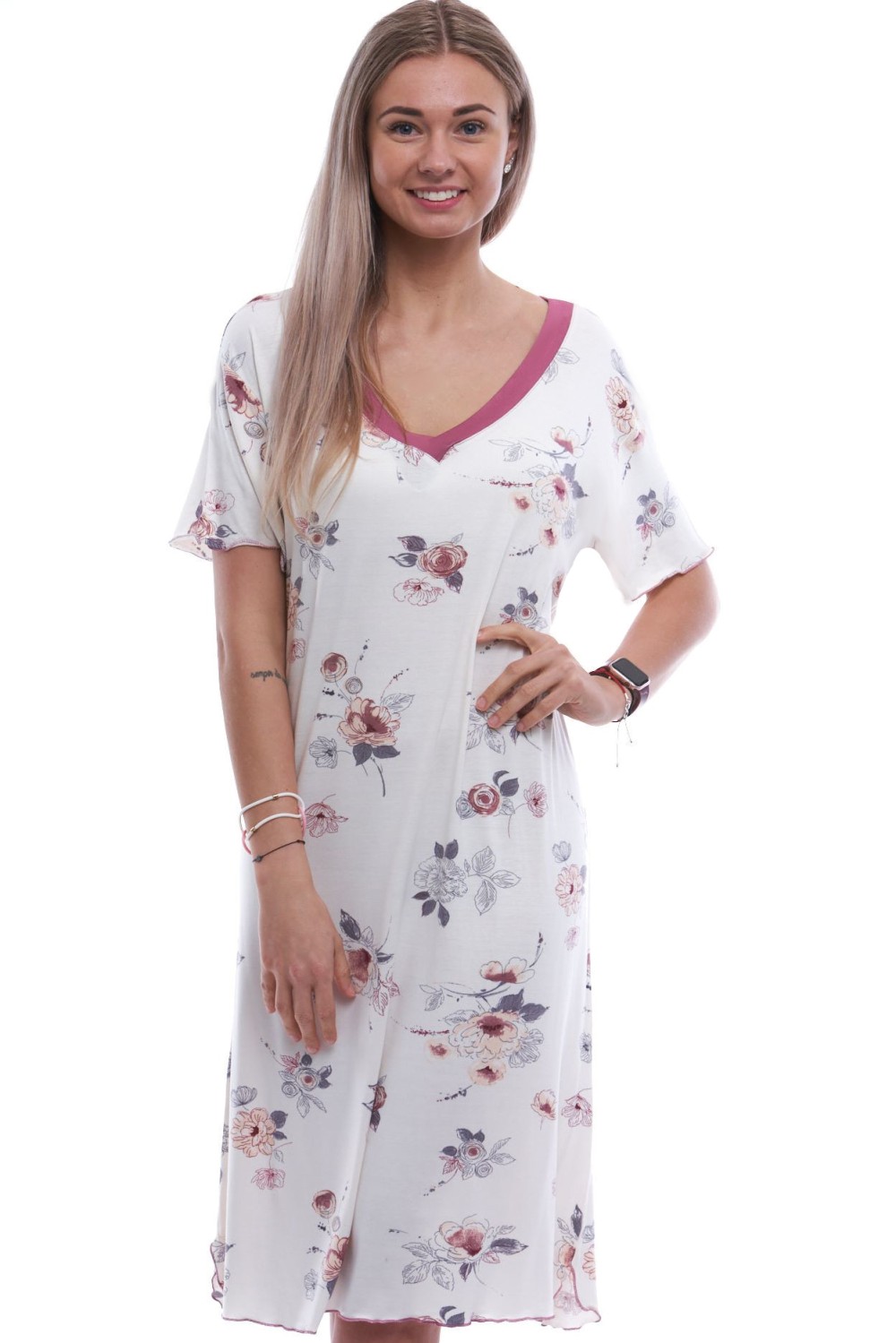Bílá luxusní hedvábně jemná noční košilka a vínové a šedé růže 2XL-5XL