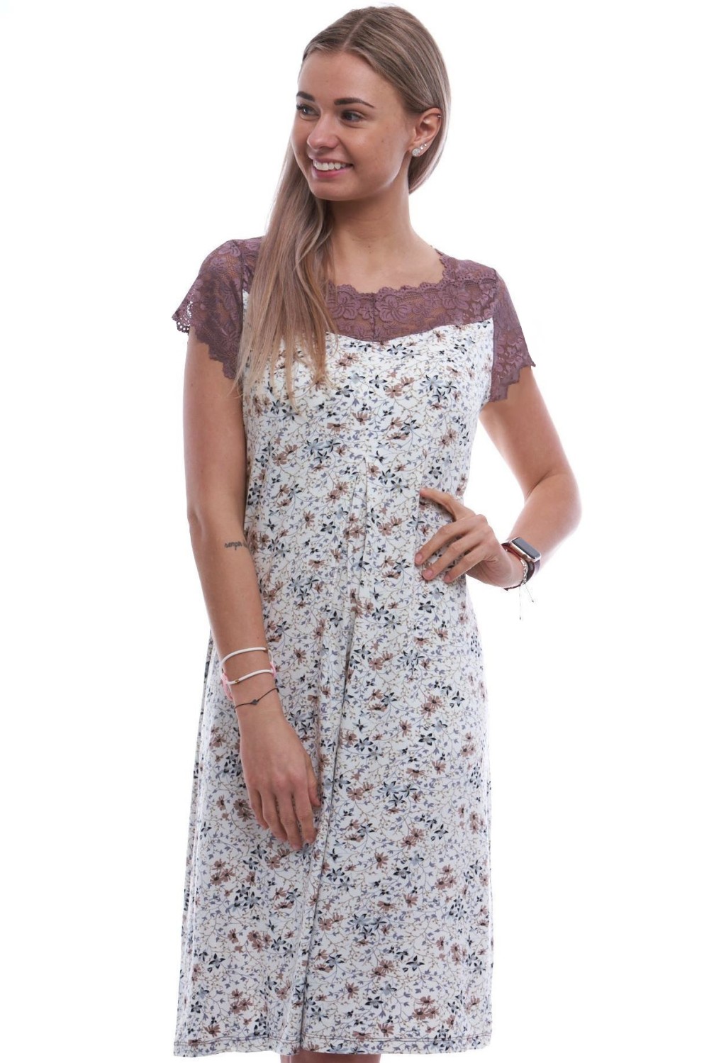 Luxusní hedvábně jemná i krajková noční košilka s krátkými rukávy - Lucie 2XL-5XL