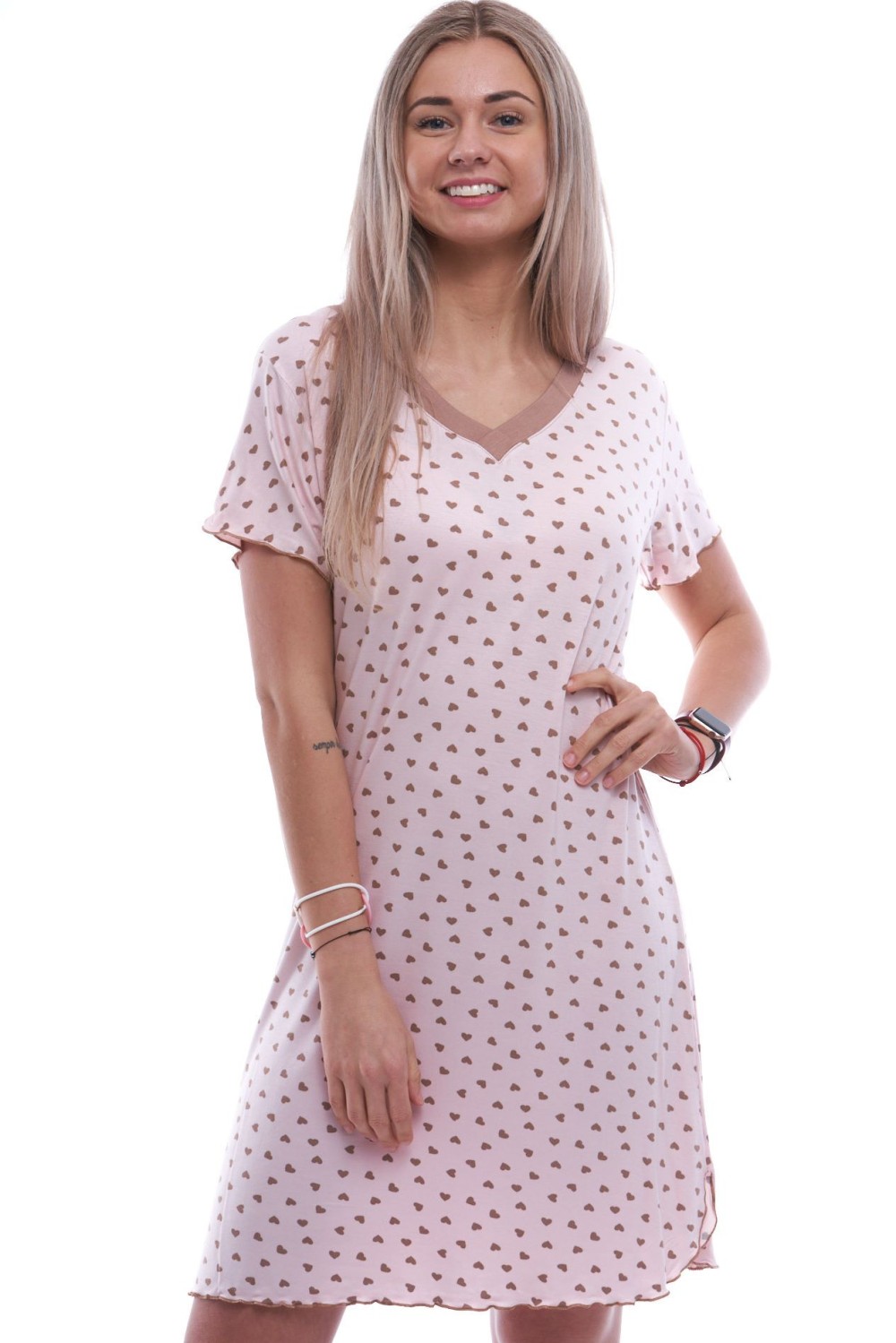 Růřová luxusní hedvábně jemná noční košilka s krátkými rukávy a hnědý vzor srdíček 2XL-5XL