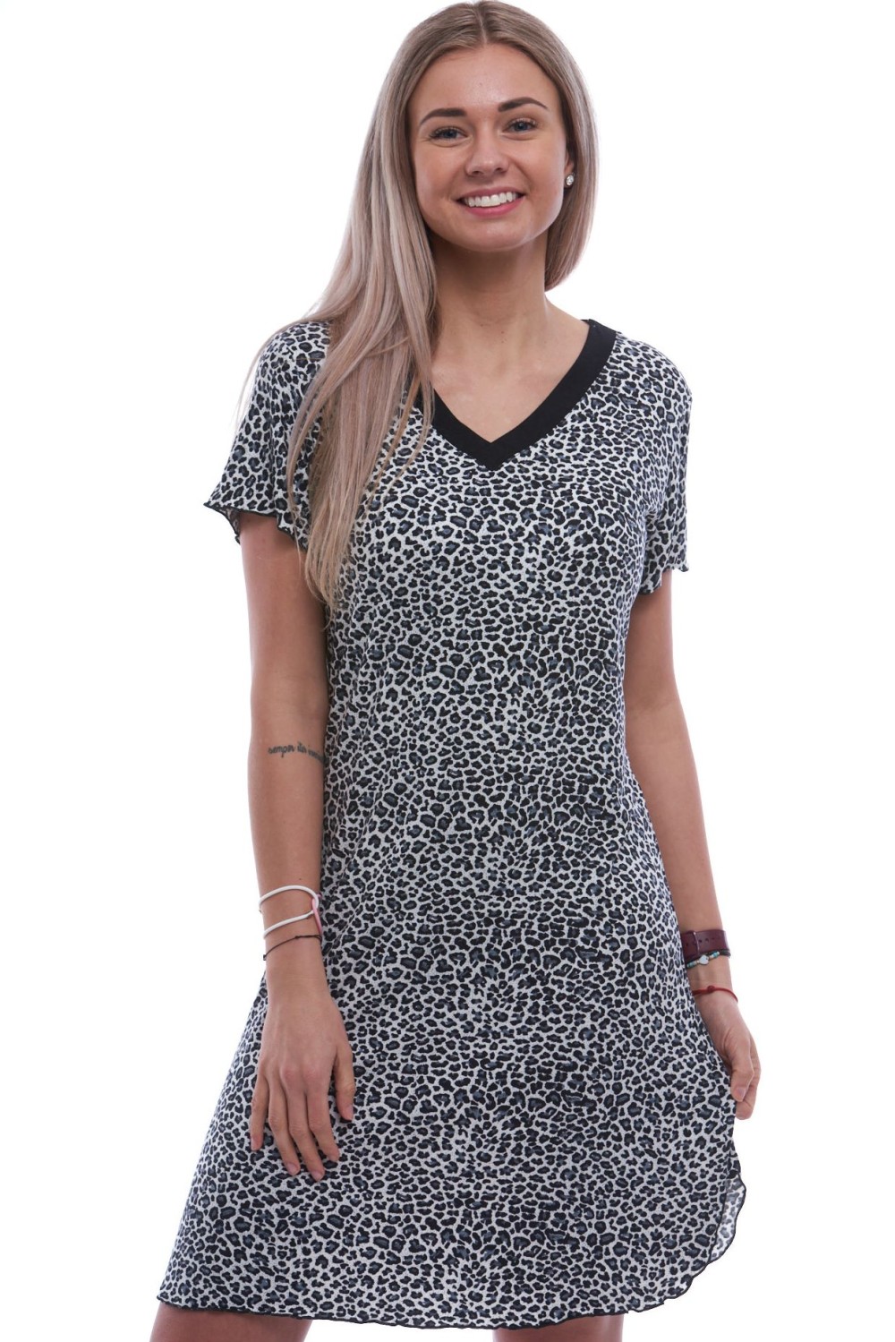 Luxusní hedvábně jemná noční košilka s krátkými rukávy šedý gepard 2XL-5XL