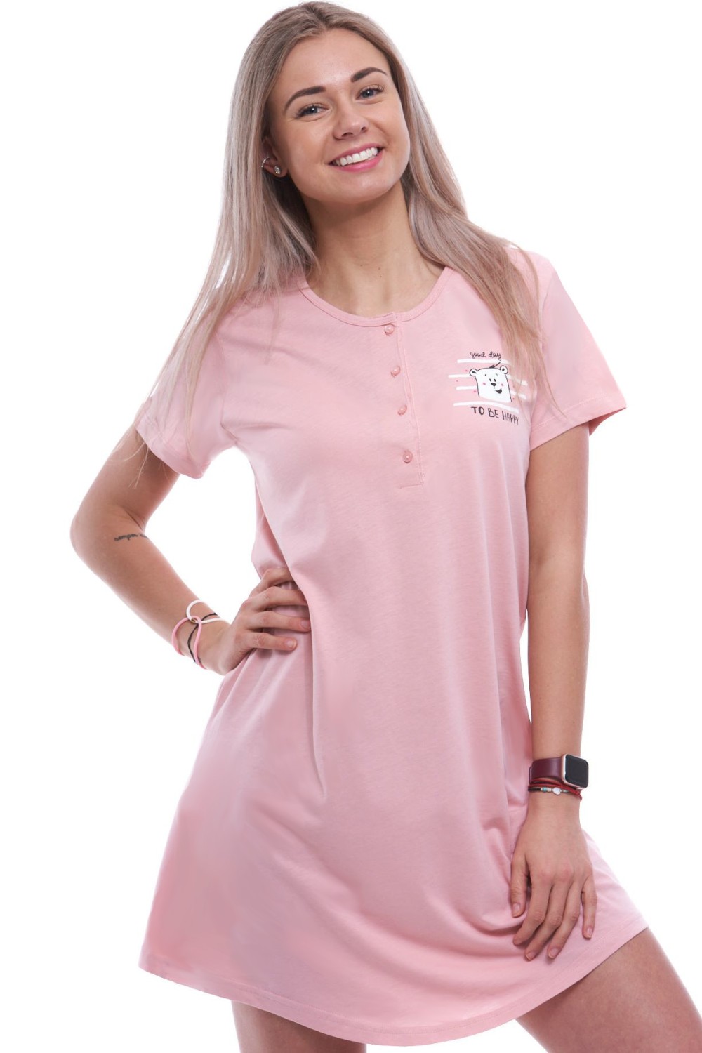 Růžová noční košilka pro ženu na knoflíky s bílým medvědem
