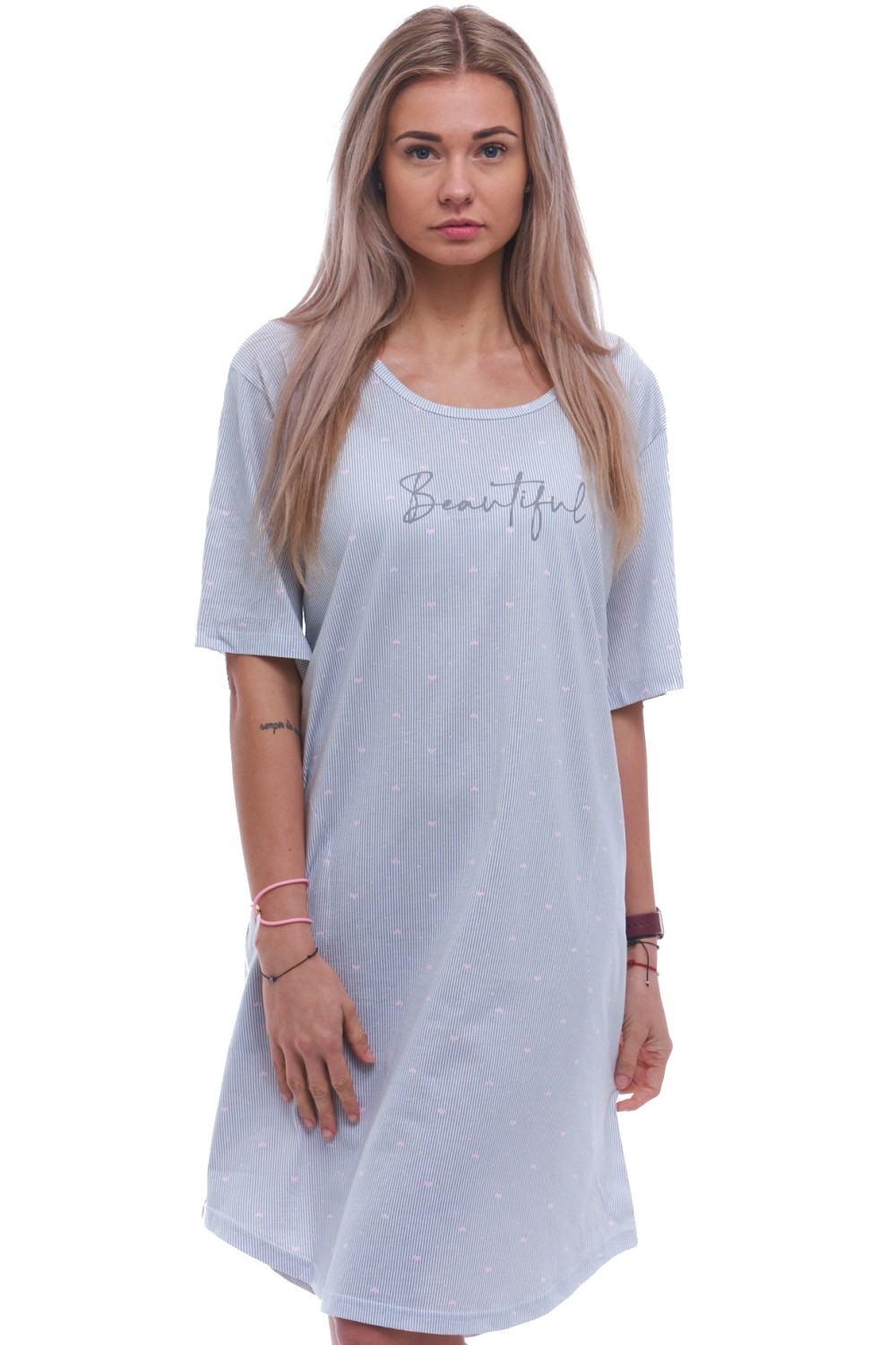 Šedá jemně pruhovaná noční košilka s krátkými rukávy pro ženy či dívky Beautiful 1XL-4XL