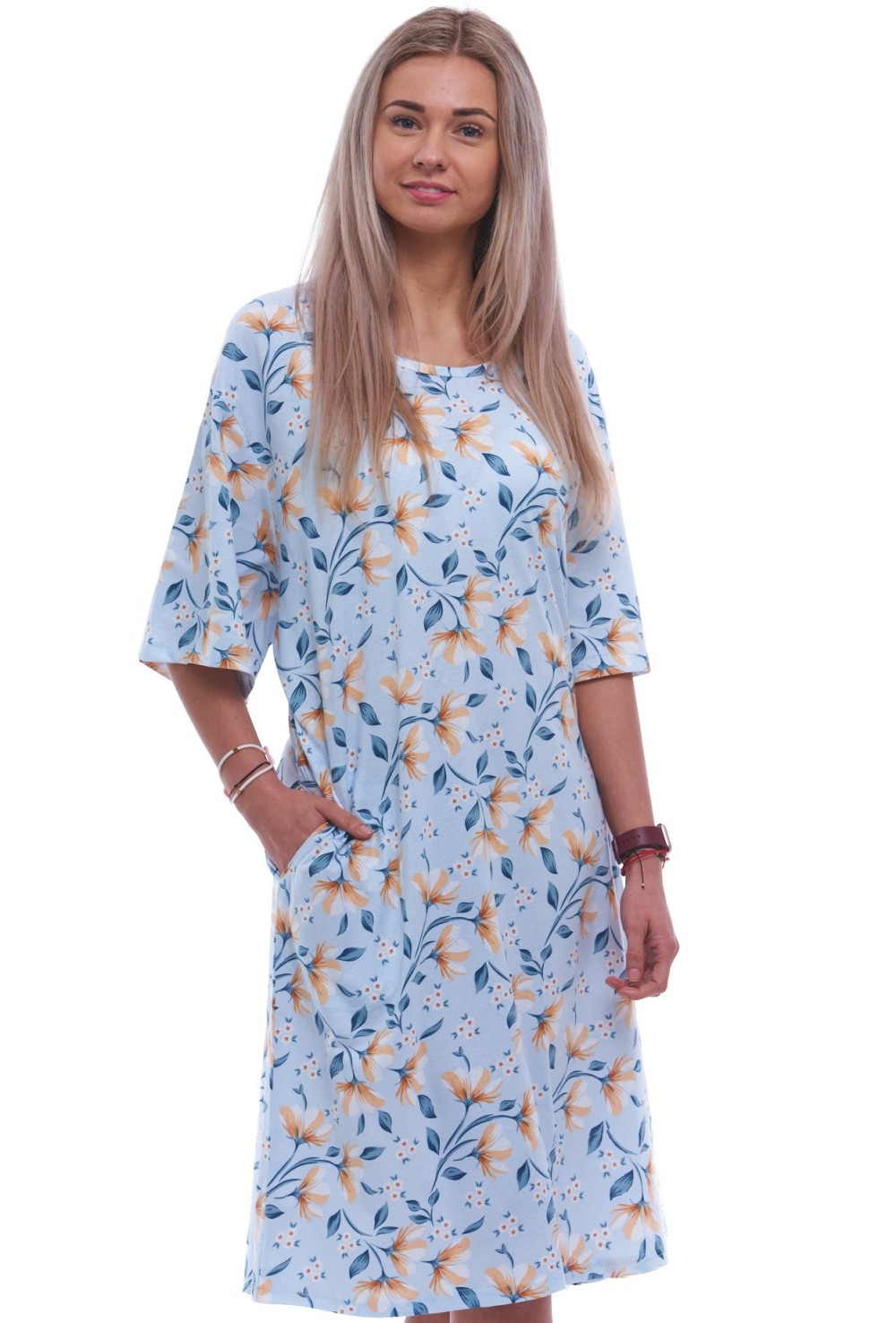 Modrá a žlutě květovaná noční košilka s krátkými rukávy pro ženy či dívky 5XL-7XL