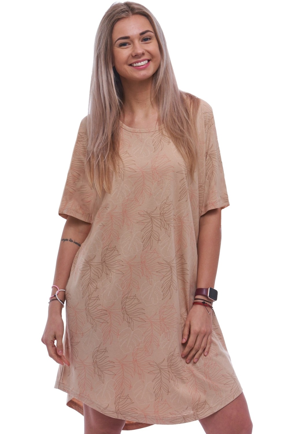 Béžová noční košilka s krátkými rukávy pro ženy či dívky vzor listí 1XL-4XL