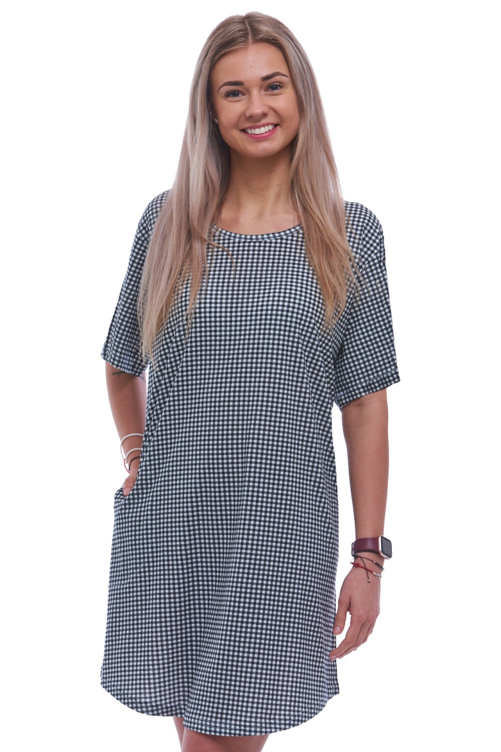 Černobílá károvaná noční košilka s krátkými rukávy pro ženy či dívky 1XL-4XL