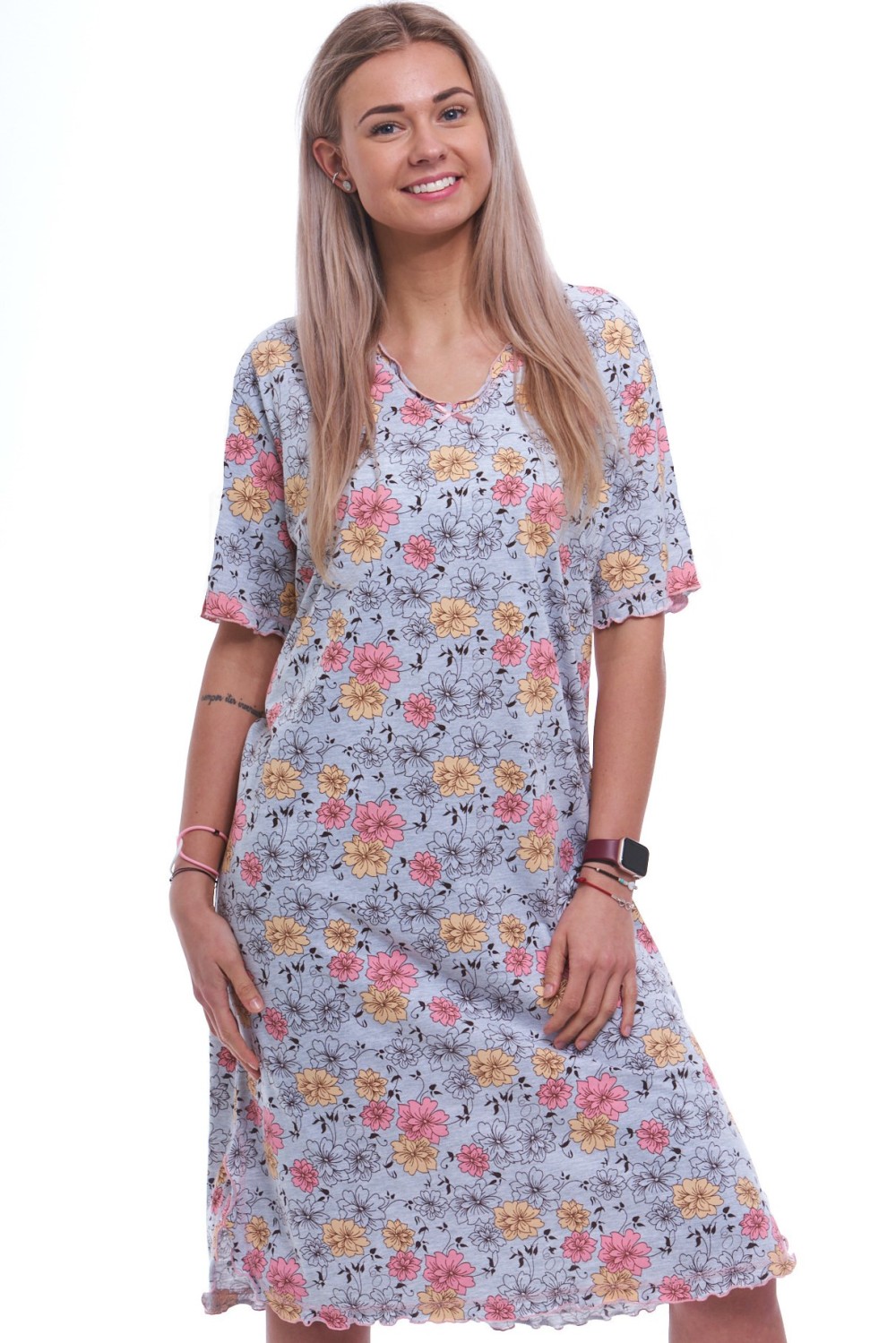 Šedá noční košilka s krátkými rukávy pro ženy či dívky barevné kvítí 1XL-4XL