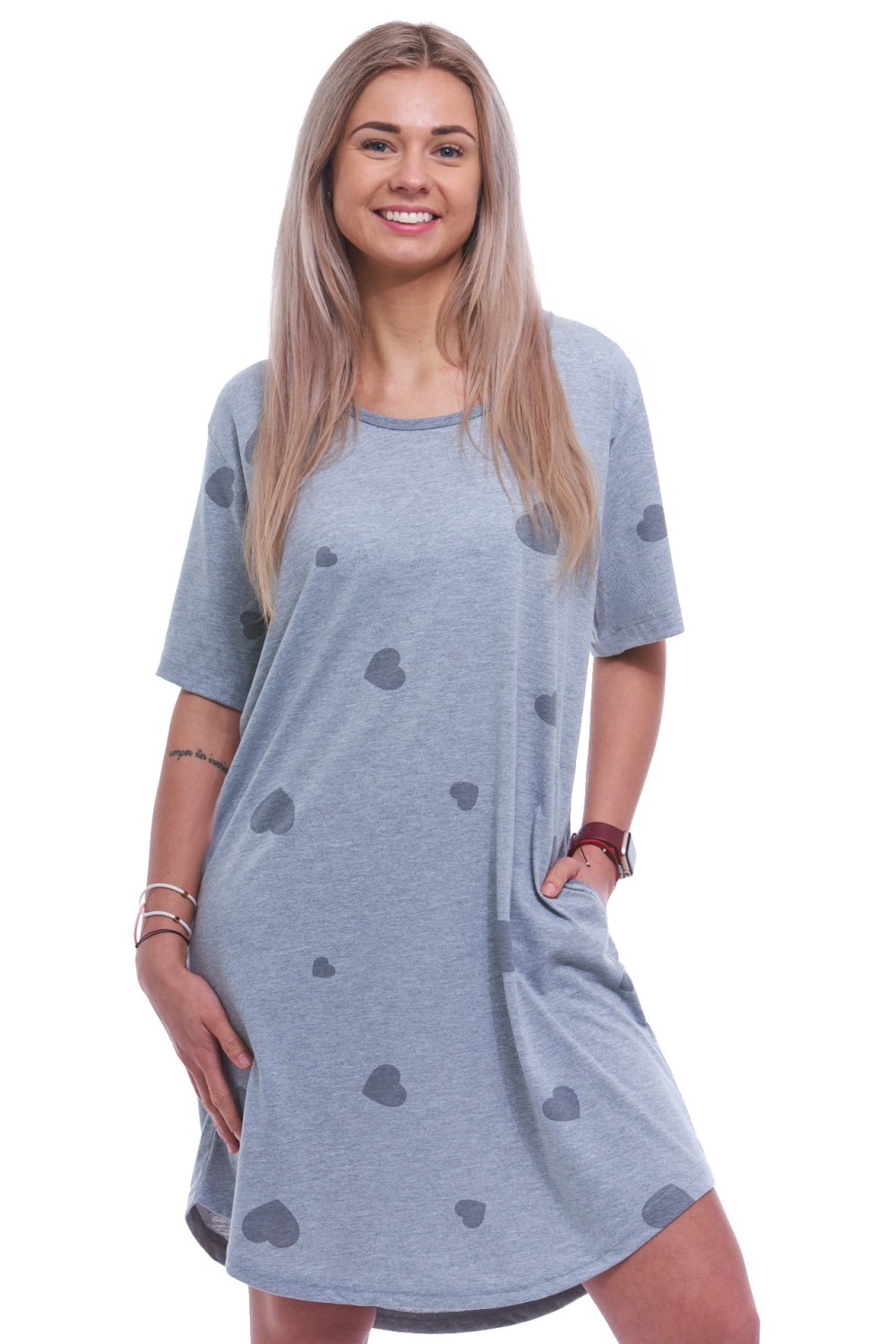 Šedá srdíčková noční košilka s krátkými rukávy pro ženy či dívky 1XL-4XL