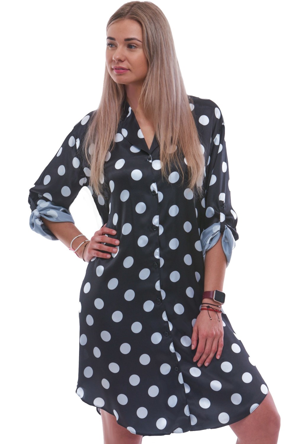 Černá a bíle puntíkatá elegantní košilka celopropínací s límečkem ze saténu 1XL-3XL