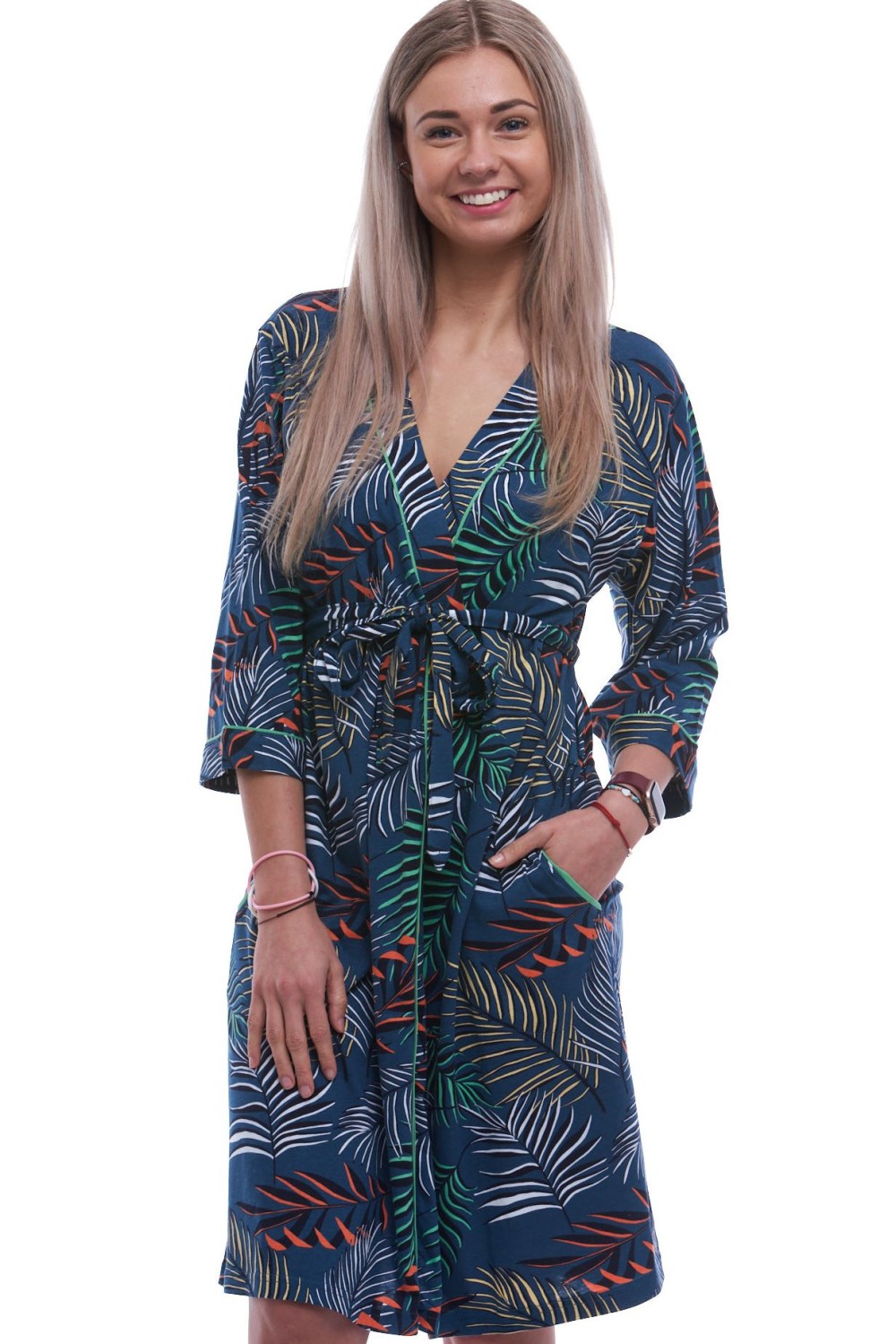 Modrý lehký dámský župan a barevné listí 1XL-4XL