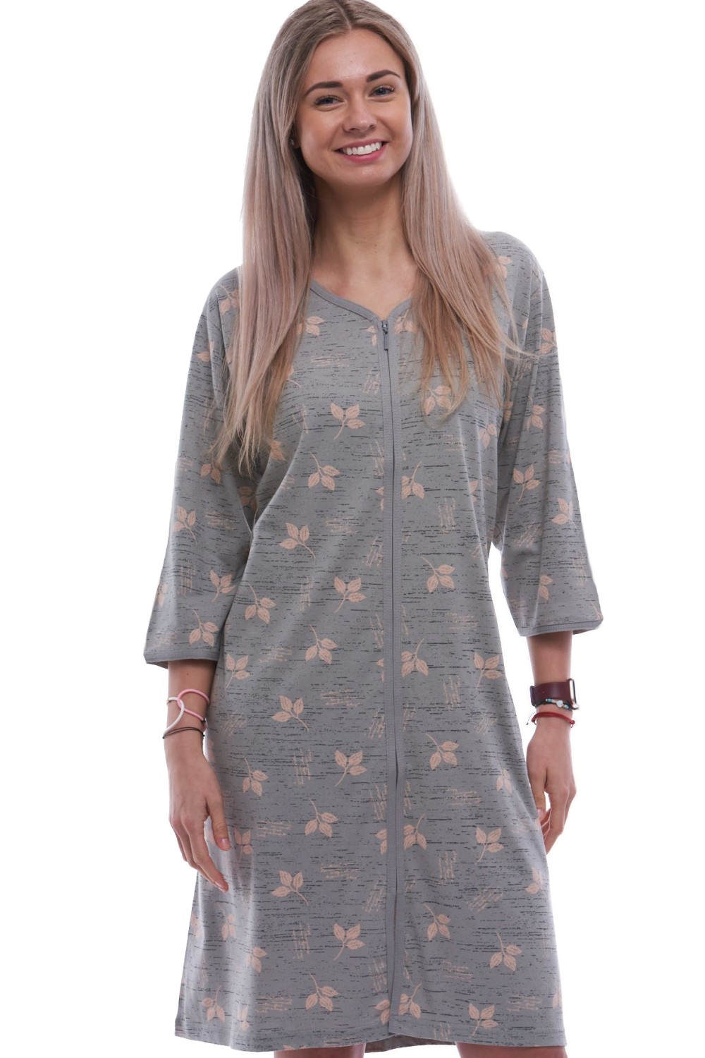Šedý župan nebo košilka pro ženy na zip s růžovými lístky a tmavě šedým šrafovaným vzorem 1XL-4XL