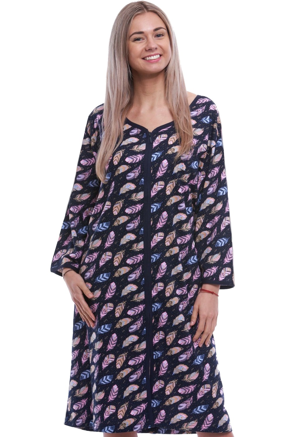 Veselý barevný župan nebo košilka pro ženy či dívky celopropínací na zip vzor peří 5XL,6XL,7XL