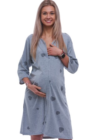 Šedý župan nebo košilka těhotenská i kojící na zip se srdíčky 1XL-4XL