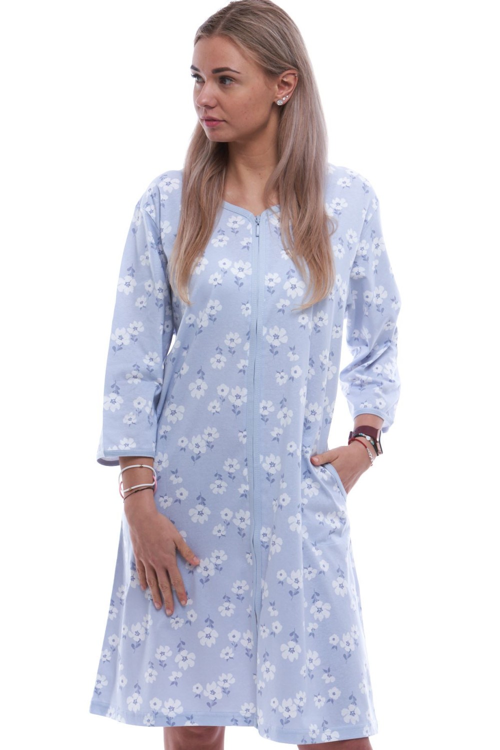 Modrý župan nebo košilka pro ženy či dívky celopropínací na zip a bílé květy 1XL-4XL