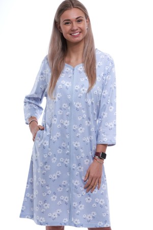 Modrý župan nebo košilka těhotenská i kojící na zip a bílé květy 1XL-4XL