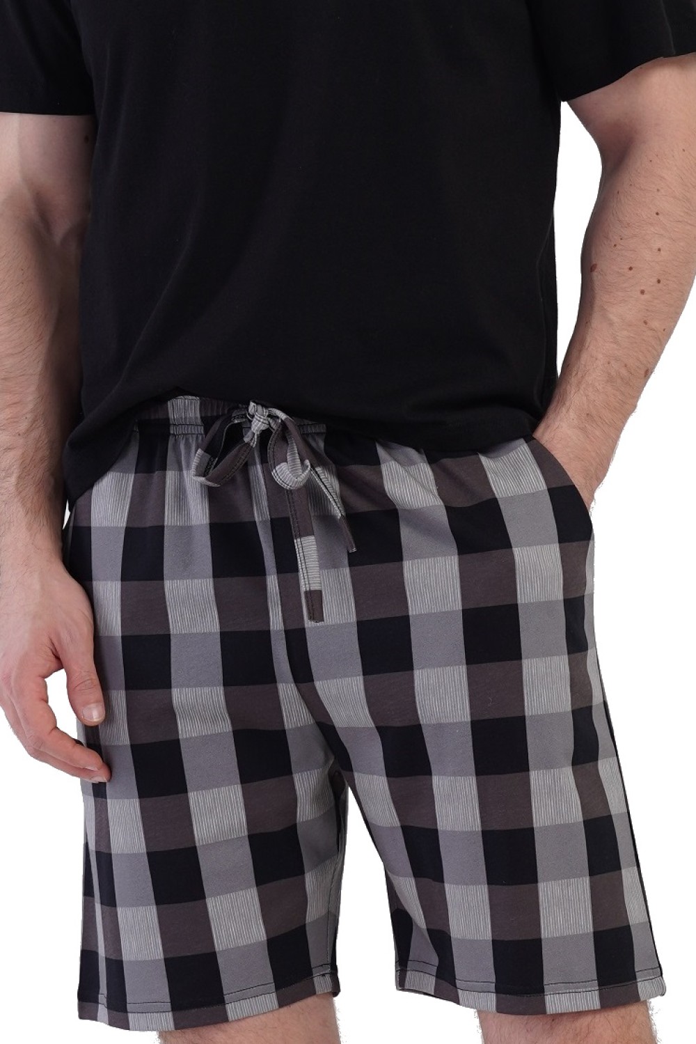 Šedé kárované pánské kraťasy na spaní a volný čas 1XL-4XL