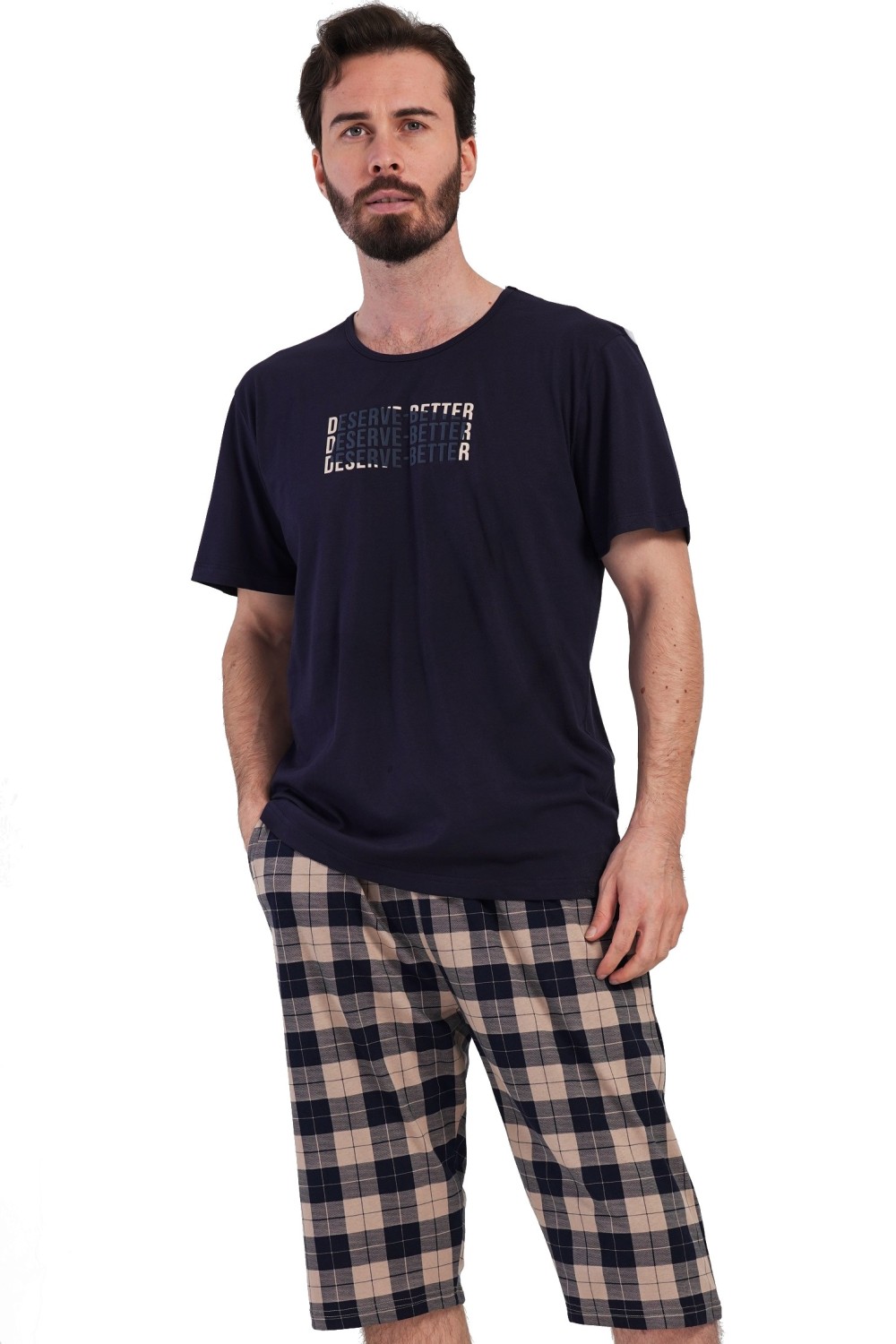 Modré i hnědě kárované pánské pyžamo s krátkým rukávem a třičtvrťáky - ZASLOUŽÍM SI VÍC, 1XL-4XL