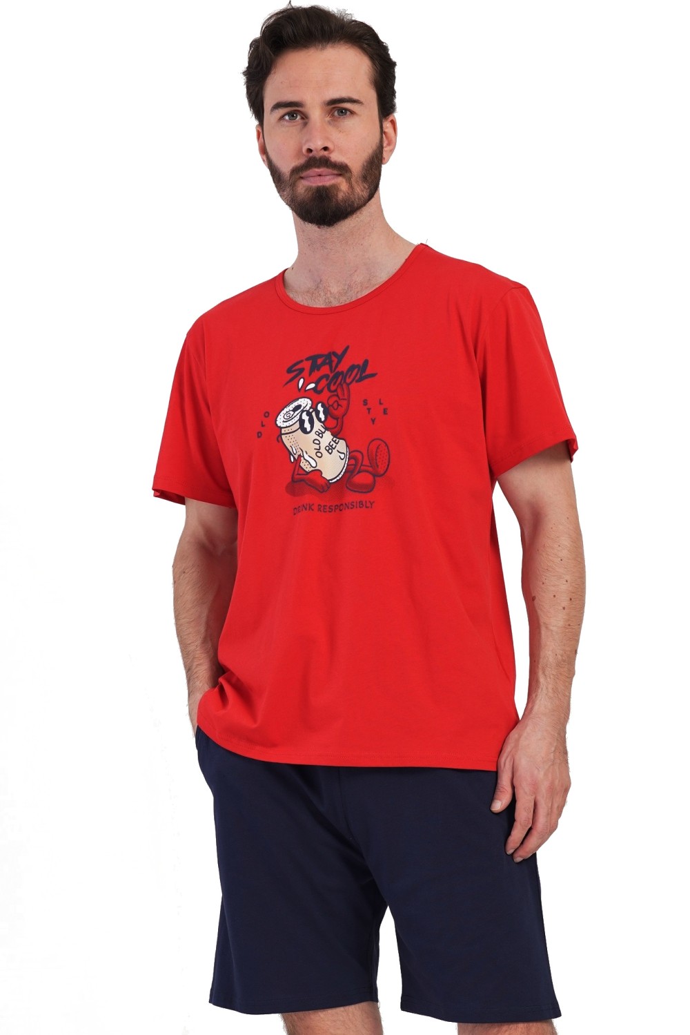 Červené i modré pánské pyžamo s krátkým rukávem a kraťasy a plechovka STAY COOL 1XL-4XL