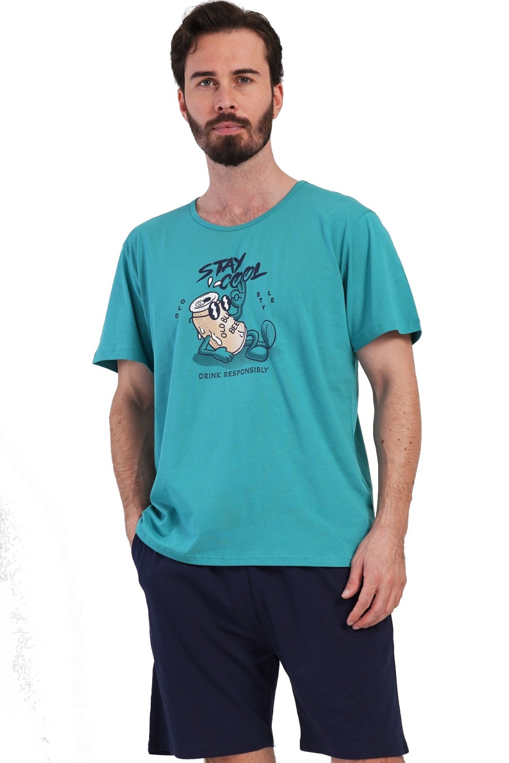 Zelené i modré pánské pyžamo s krátkým rukávem a kraťasy a plechovka STAY COOL 1XL-4XL