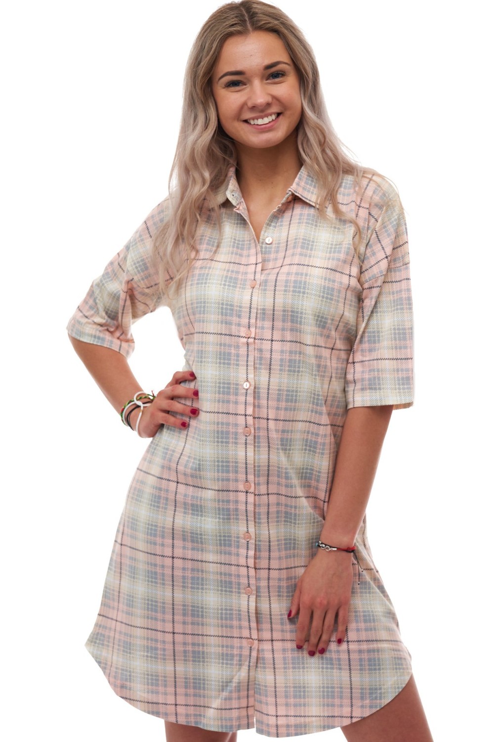 Elegantní dámská košilka S–XL – károvaný vzor v šedé, růžové a žluté, 100% bavlna