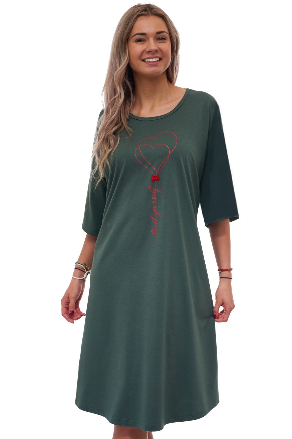 Dámská bavlněná noční košilka s kapsami – tmavě zelená, velikost 5XL–7XL